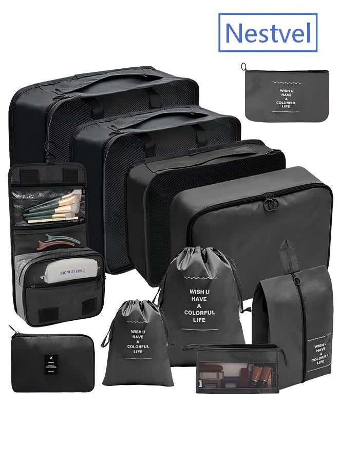 نستفل مجموعة من 11 مكعب تعبئة لحقائب السفر، أساسيات السفر للحمل، مجموعة حقائب تنظيم الأمتعة لإكسسوارات السفر، باللون الأسود - Image 1